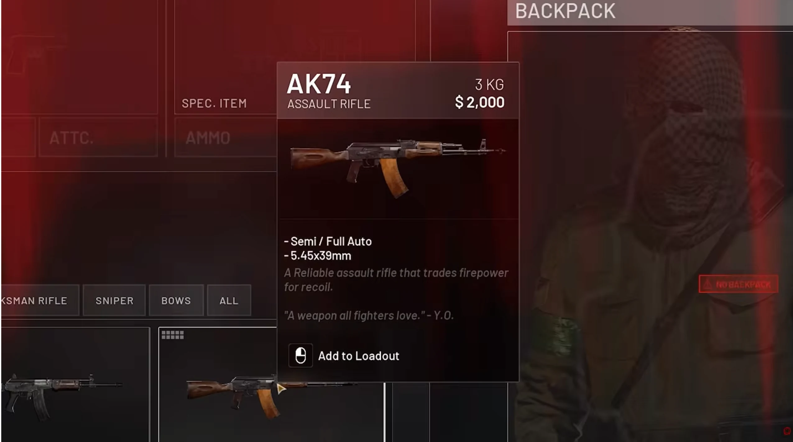 WARDOGS AK74 weapon details showing price, fire modes, ammunition caliber, and add to loadout option