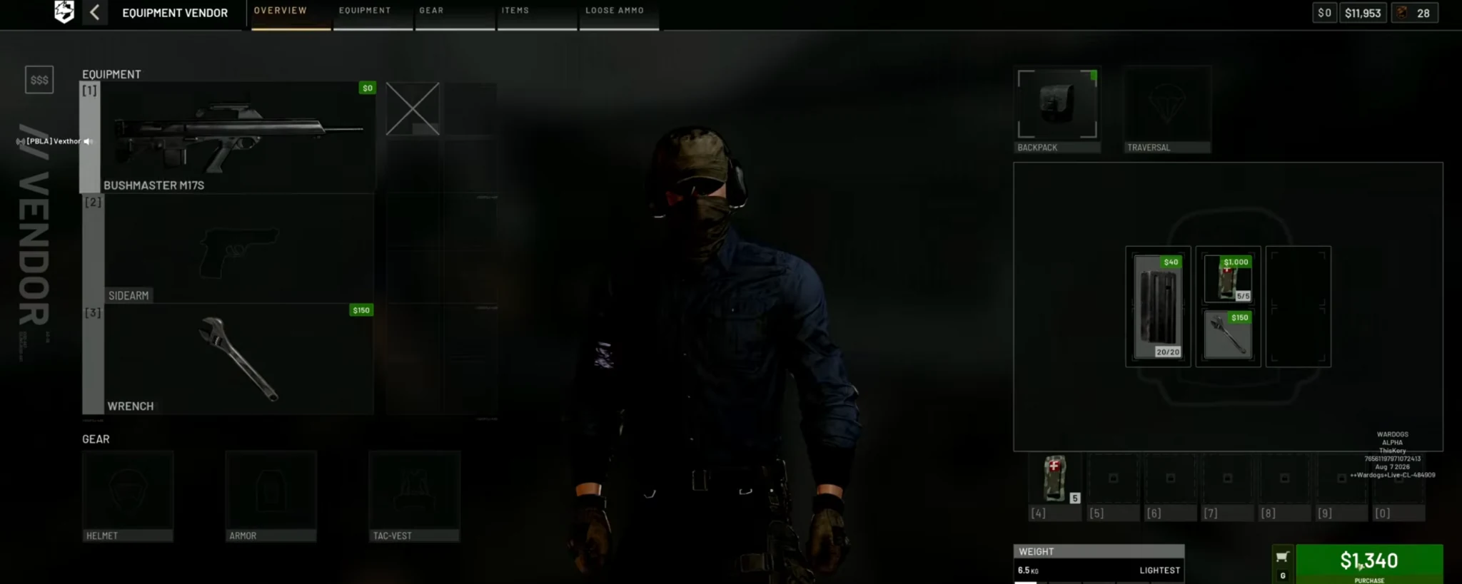 WARDOGS equipment vendor showing current cash balance and loadout purchase cost