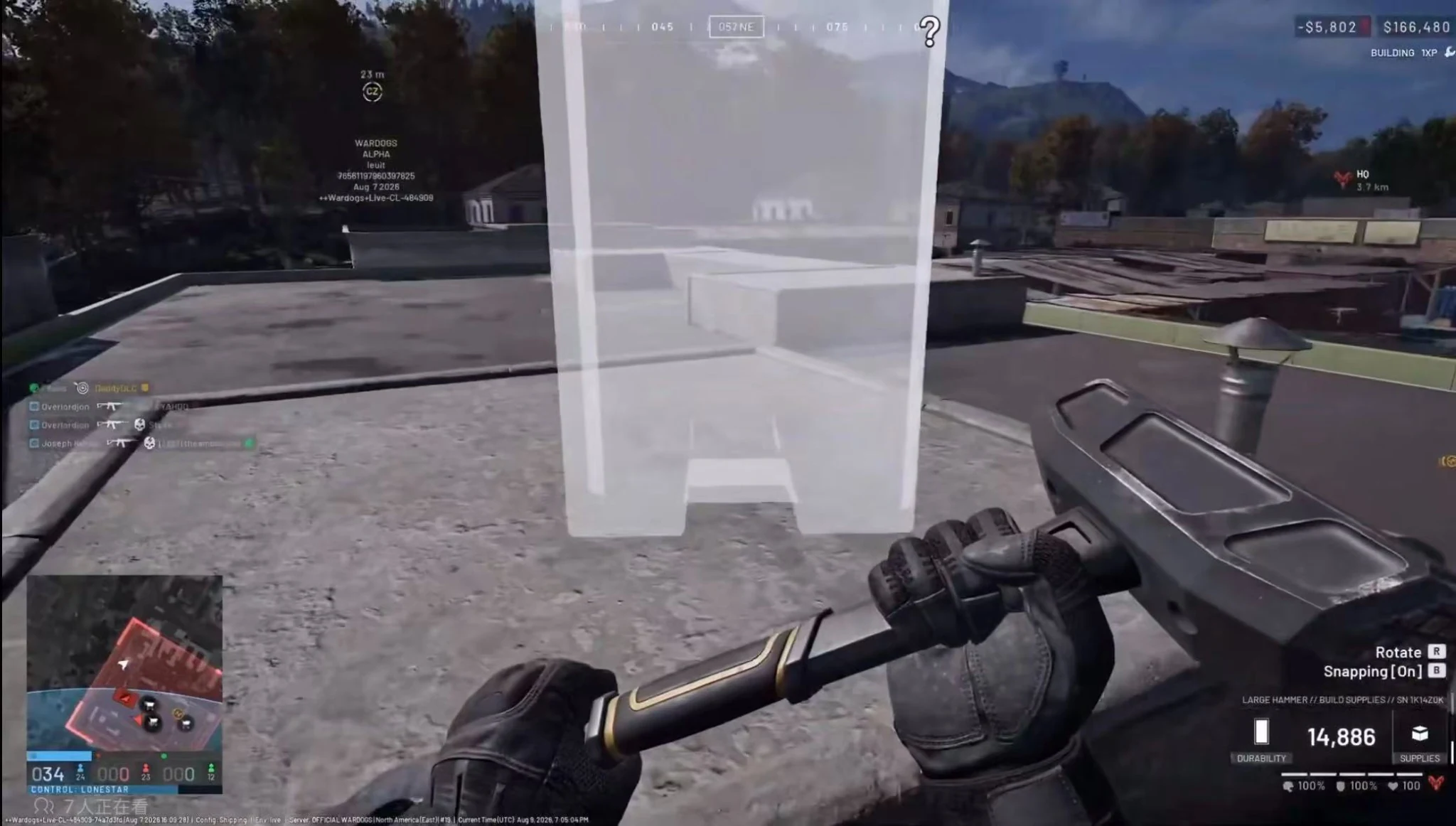 WARDOGS construction interface showing a fortification placement preview with build supplies and snapping controls