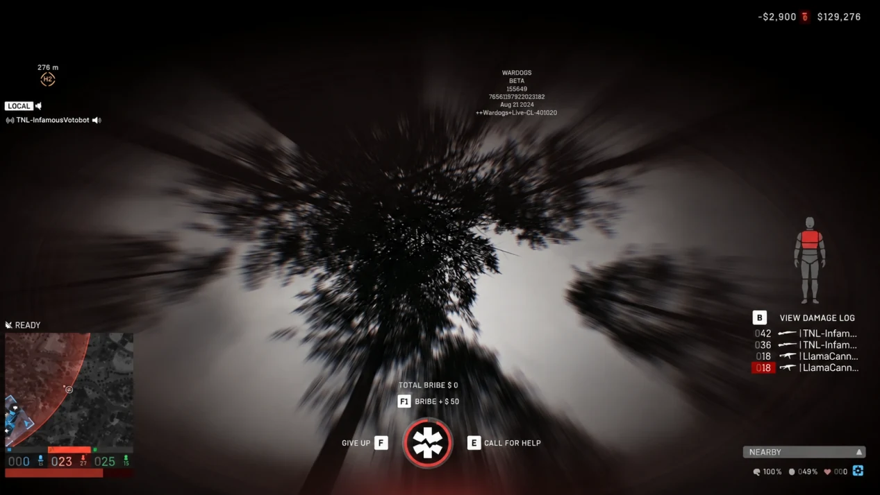 WARDOGS downed state showing give up, call for help, and bribe options