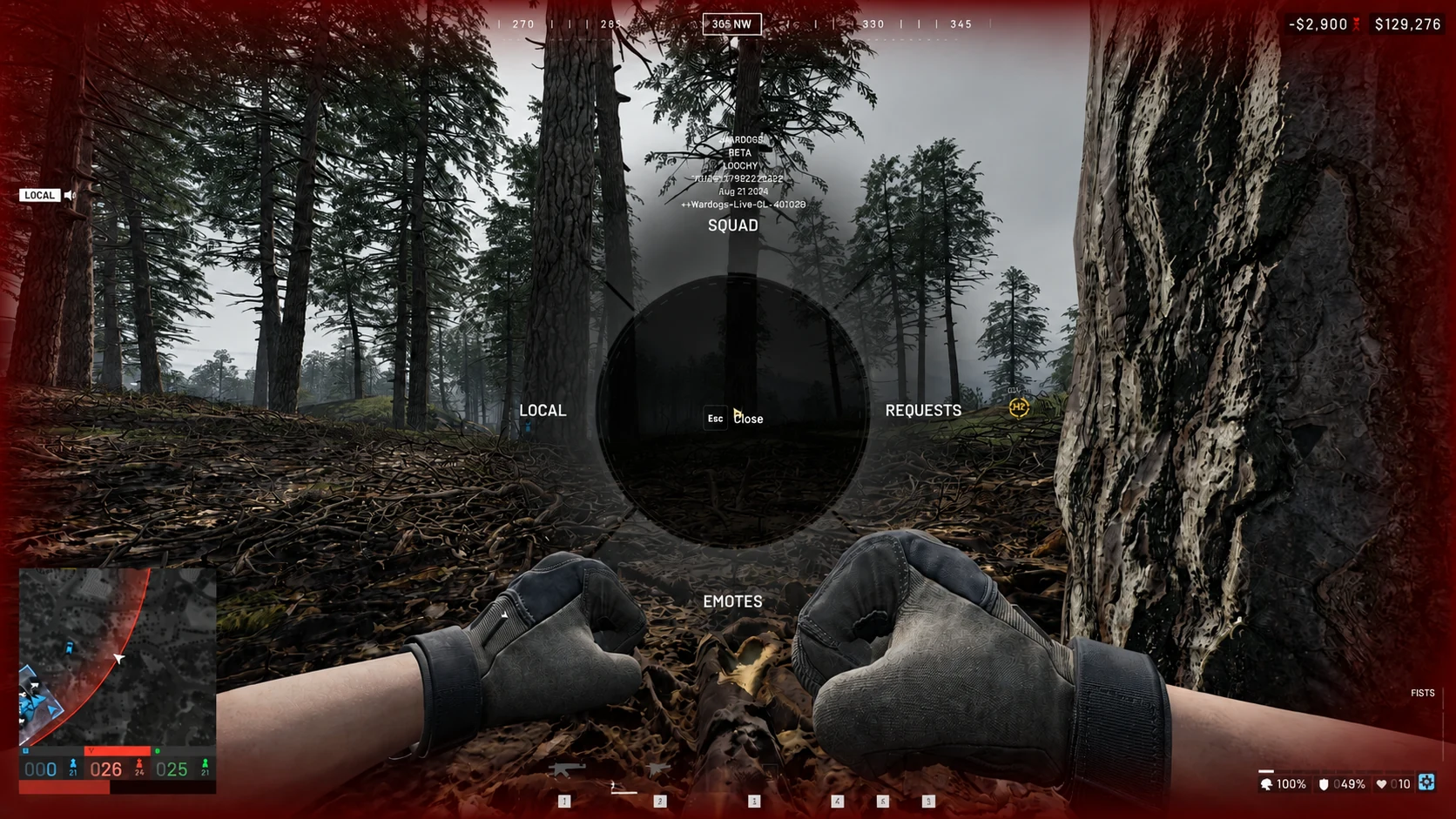 WARDOGS squad communication wheel showing local chat, requests, and emotes