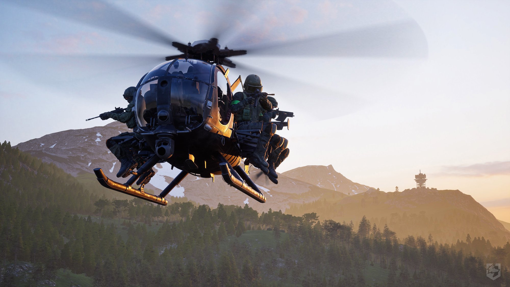 WARDOGS armed Littlebird helicopter carrying soldiers over mountain terrain
