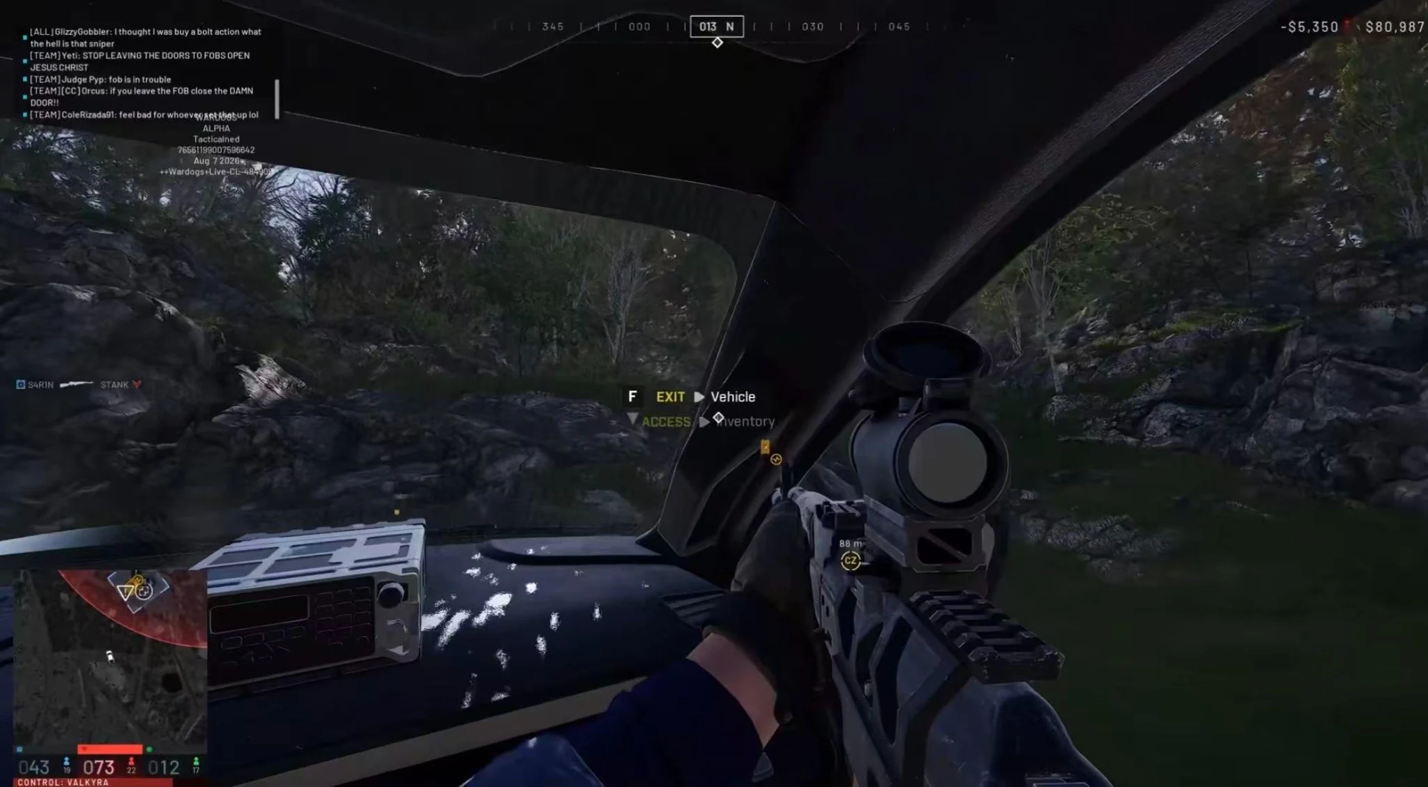 WARDOGS first-person view inside a vehicle with exit and inventory access prompts