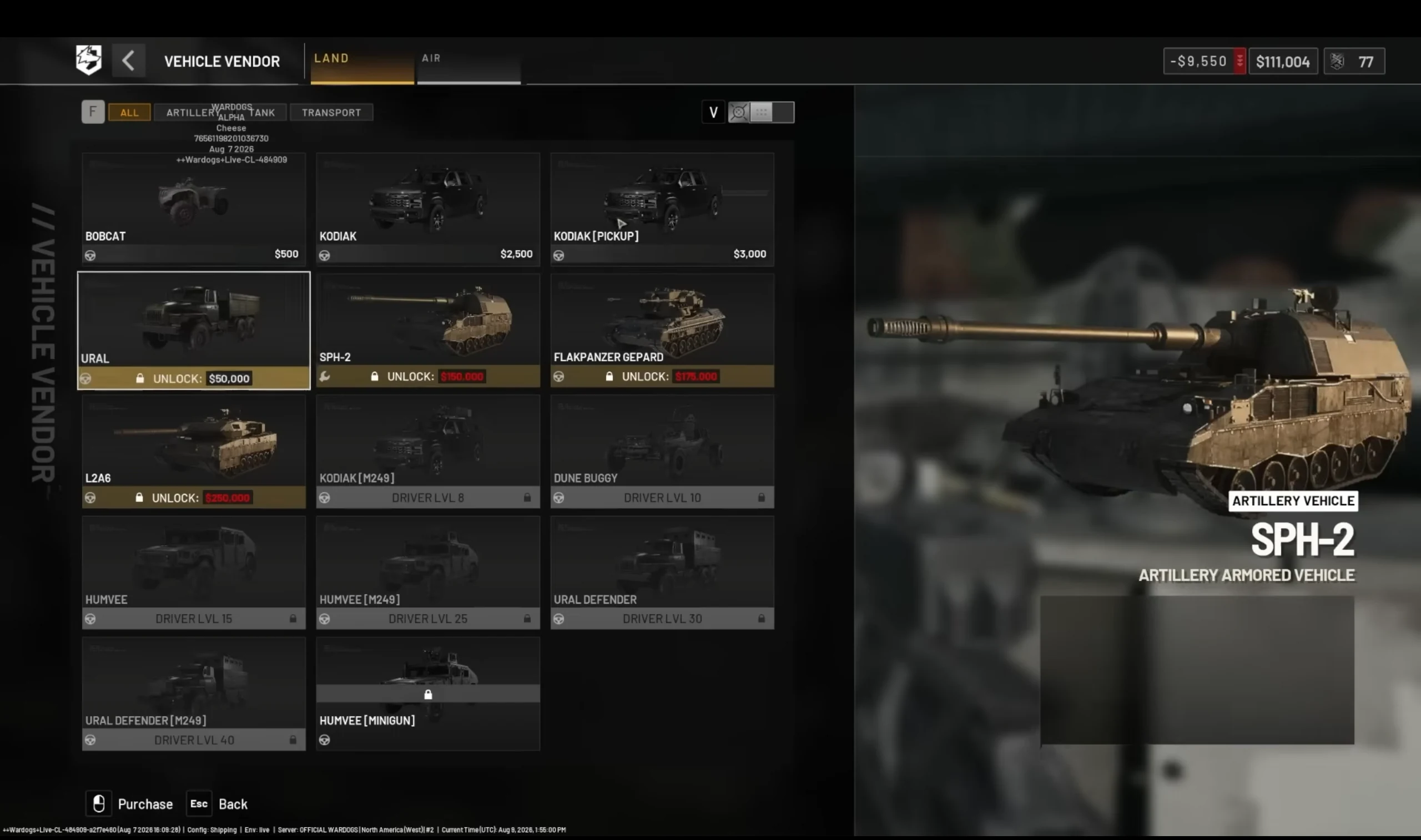 WARDOGS vehicle vendor showing current vehicle purchase prices