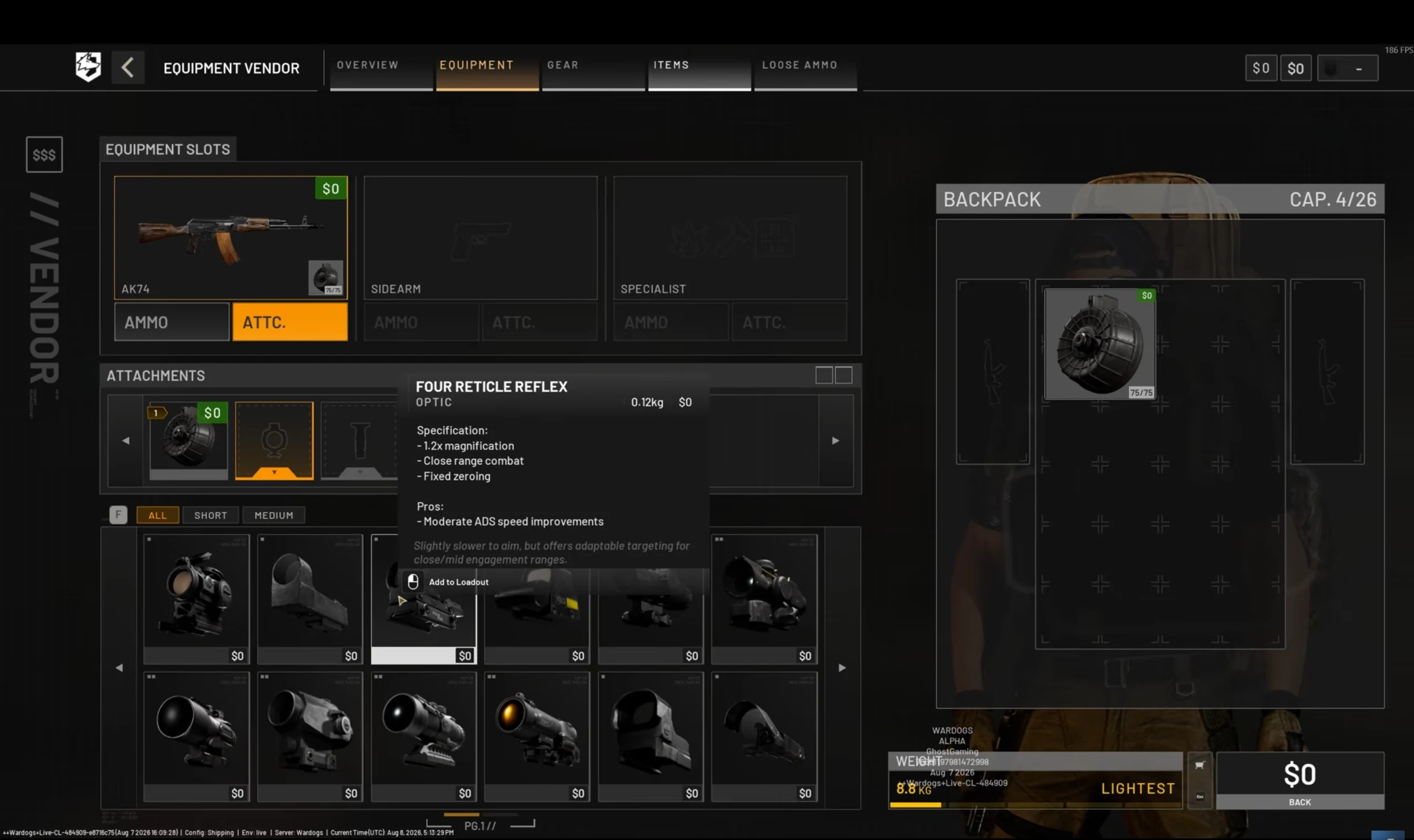 WARDOGS loadout menu showing weapon attachments and equipment slots